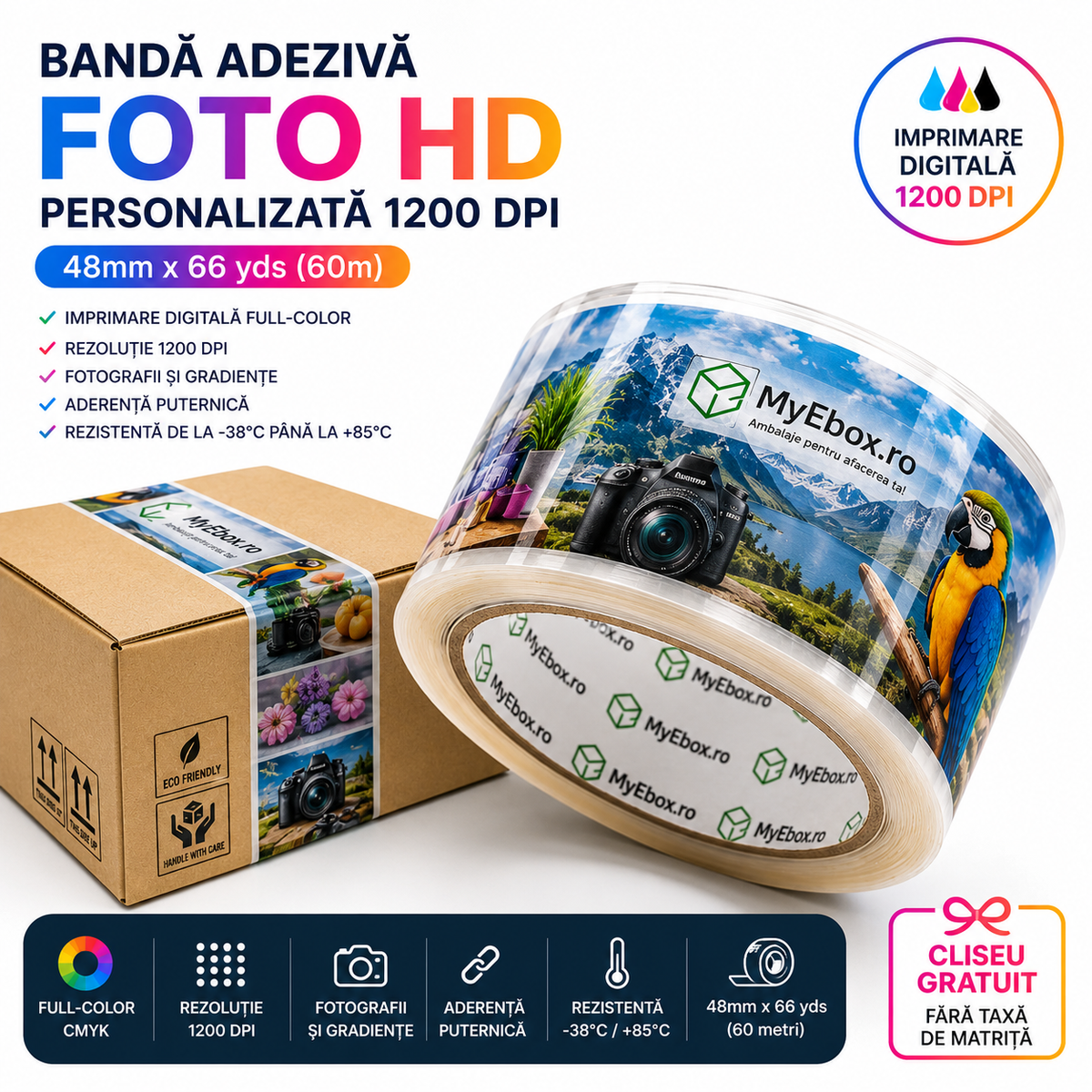 Banda Adeziva Personalizata FOTO HD 1200 DPI 48mm x 66 yds cu imprimare digitala full color