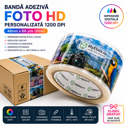 Banda Adeziva Personalizata FOTO HD 1200 DPI 48mm x 66 yds cu imprimare digitala full color