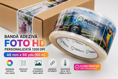 Banda Adeziva Personalizata FOTO HD 1200 DPI 48mm x 66 yds cu imprimare digitala full colors