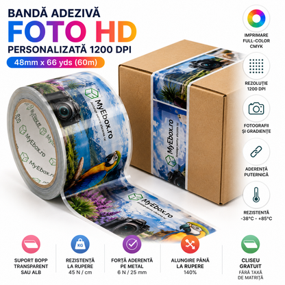 Banda Adeziva Personalizata FOTO HD 1200 DPI 48mm x 66 yds cu imprimare digitala